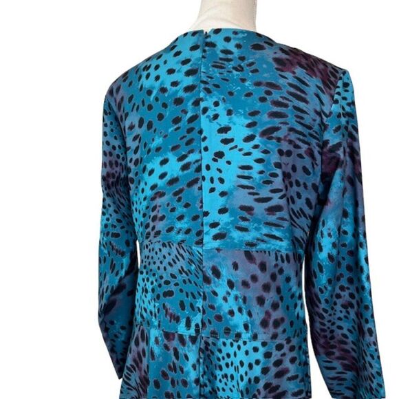 Natori Cheetah Crepe Top Stitch Dress Teal Aqua Blue 3/4 Sleeve Back Zip Size 8 - Picture 7 of 13